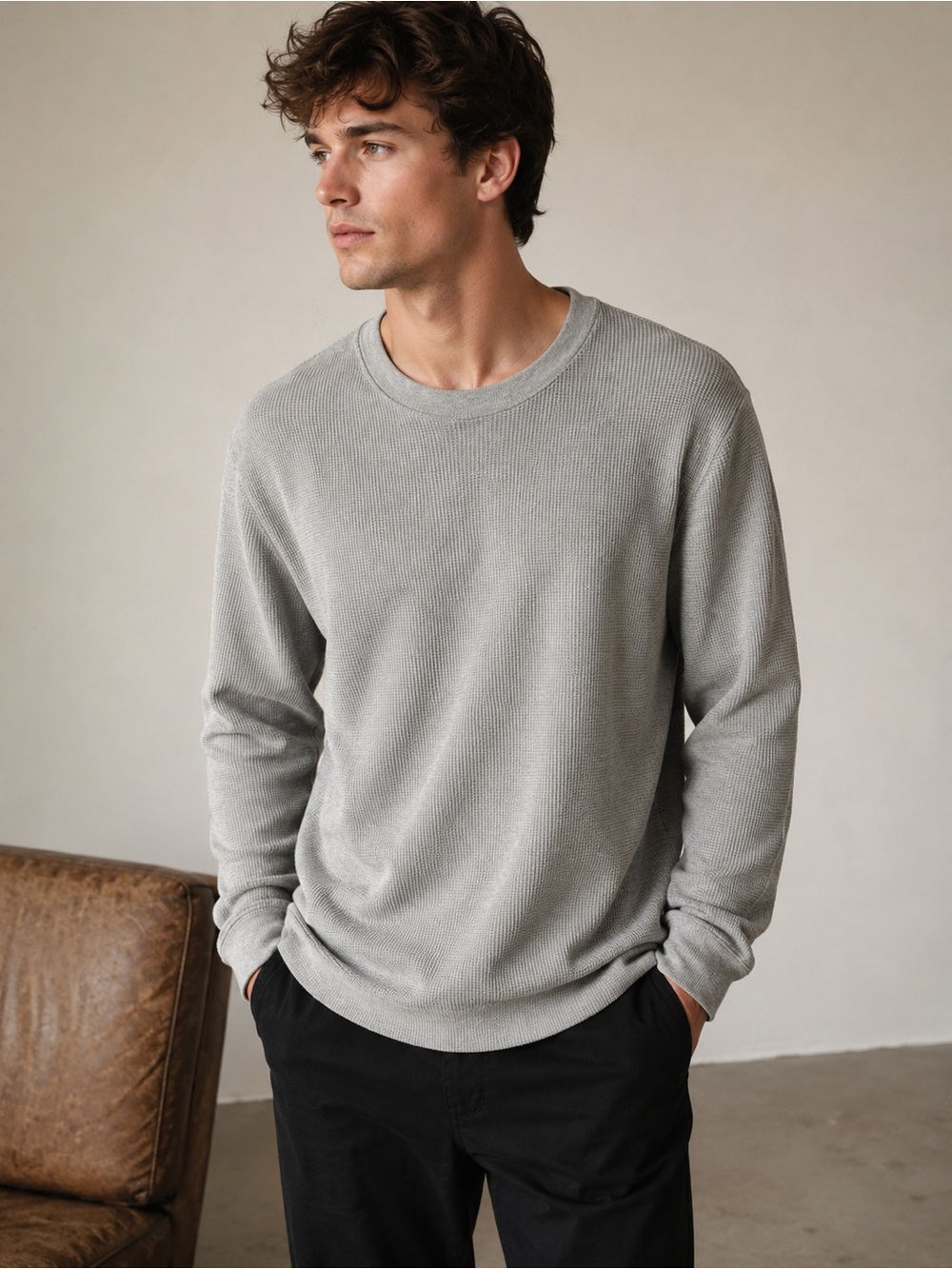 Men’s Modern Culture Gray Waffle Knit Long Sleeve Thermal T shirt size Medium